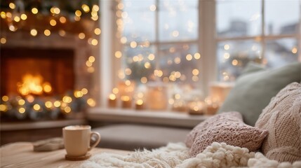 Cozy living room with warm fireplace and soft lighting during winter season