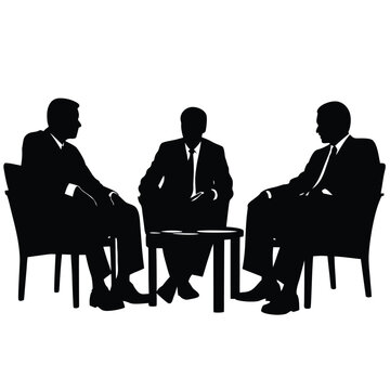 Three businessmen dressed in suits are sitting and negotiating in a professional silhouette vector