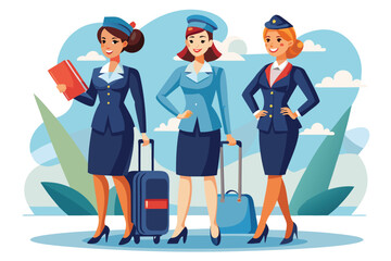 Three air stewardesses of diverse ethnicities stand with their luggage against a light blue backdrop