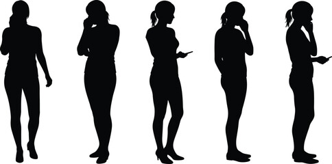 Silhouette of woman standing, talking on phone, using smartphone, modern female communication, business concept, mobile lifestyle, elegant woman poses
