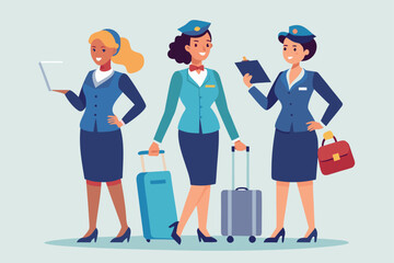 Smiling flight attendants with luggage use a laptop and clipboard during airport travel