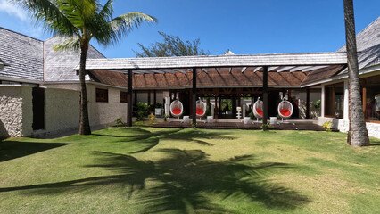 Luxury resort photos of French Polynesia tropical 
paradise islands with palm trees, hotel.