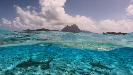 Luxury resort photos of French Polynesia tropical 
paradise islands with exotic fish under wave of clear water, 
azure Pacific ocean, sky with clouds on horizon.
A shark on seabed. 