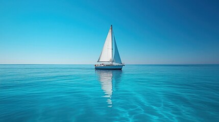 Solitary sailboat on a calm, turquoise sea under a clear blue sky