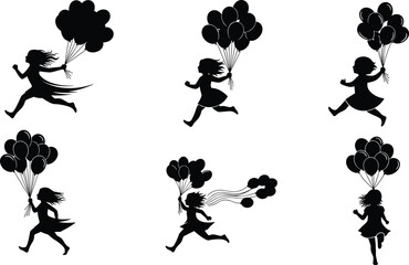 Silhouette of young girls running with balloons, happiness, childhood freedom, playtime fun, joy, celebration, outdoor activity, carefree moments, energy