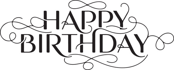 Elegant Birthday Wishes: A beautiful script of Happy Birthday is presented with elegant flourishes, evoking a sense of celebration and joy.