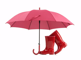 Bright red rain boots perfectly protected under a vibrant pink umbrella, ready for any weather adventure