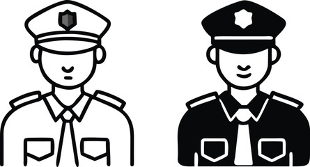 Two isolated police officer figures shown in outline and solid black versions in a uniform