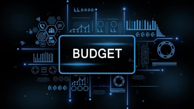 Digital Budget interface with data analytics charts graphs and icons for business technology and finance concepts. 4k motion video. isolated on black background. - Powered by Adobe