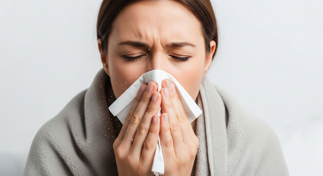 Woman Blowing Her Nose, feeling Sick at Home for flu season promotions, pharmacies, medical clinics, social media health tips, news articles about seasonal illnesses, flu and cold prevention blogs
