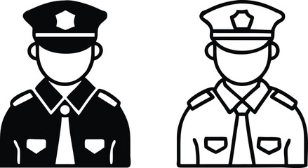 Two officer icons show police uniform with tie and hat on white