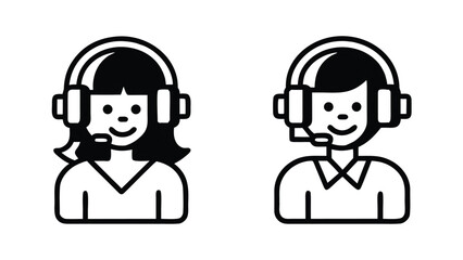 Female and male operators wearing headsets with microphones smile against the white backdrop