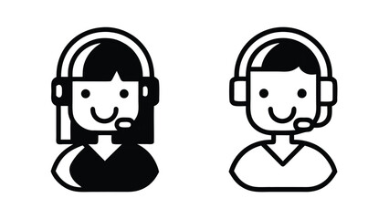 Two simple black icon characters wearing headsets are smiling side by side
