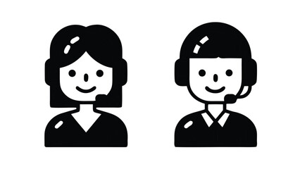 Two monochromatic call center agents featuring headsets and smiling faces appear isolated against white
