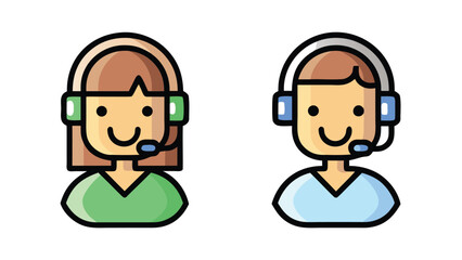Two cartoon customer service agents smile wearing headsets against a clean white background