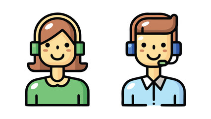 Two cartoon call center workers appear smiling and wearing headset equipment in the studio