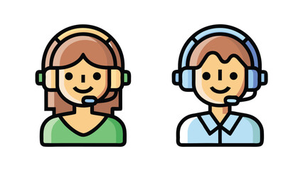 Smiling woman and man avatars are wearing headsets with microphones in the image