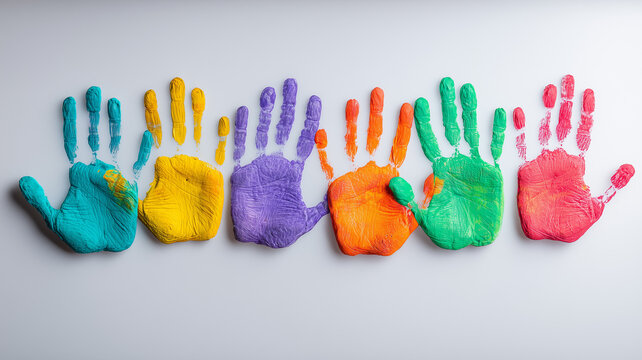 A neat row of paint handprints forms a clear visual of participation and teamwork, expressing classroom creativity and the shared effort behind school projects and youth programs.
