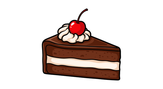 Indulge in a slice of delicious chocolate cake topped with whipped cream and a bright red cherry