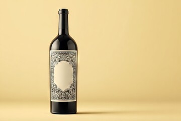 Elegant Wine Bottle with Ornate Vintage Label on a Minimalist Yellow Background - Copy Space