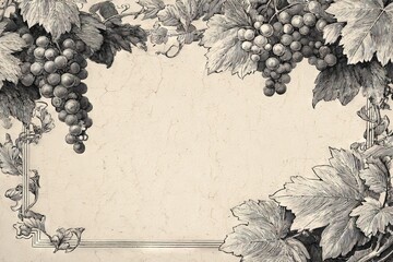 Vintage Engraved Frame Corner with Grapes on Cracked Paper Texture
