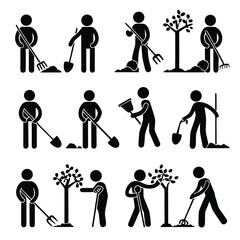 Man digs, plants, and rakes in an informative black icon set