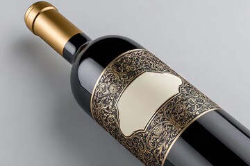 Luxurious Wine Bottle with an Ornate Gold Damask Label Mockup