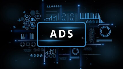 Digital Ads interface with data analytics charts graphs and icons for business technology and finance concepts. 4k motion video. isolated on black background. - Powered by Adobe