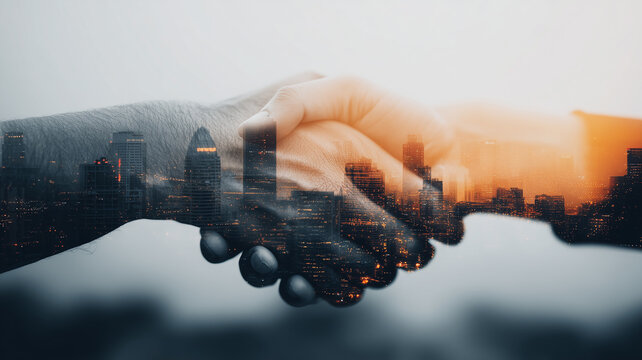 Handshake blended with a city skyline symbolizing partnership trust and economic growth through strategic agreements and collaborative business development.
