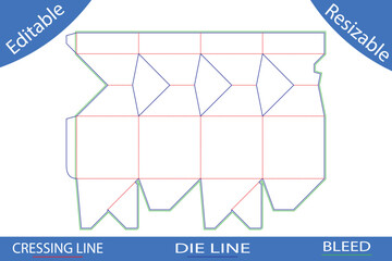 Multi-panel box template die cut with complex folding lines
