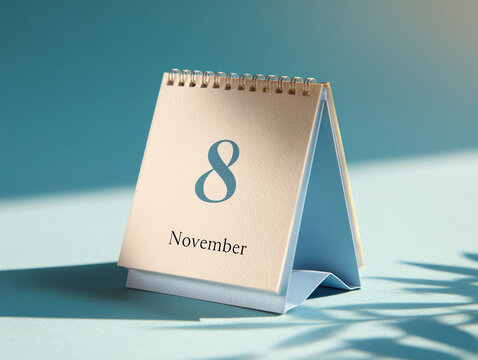 Calendar page showing November 8 highlighted in natural light on a blue surface