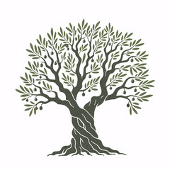 Naklejka premium Vibrant ancient olive tree with ripe olives, symbolizing nature's bounty and Mediterranean heritage, perfect for wellness brands.