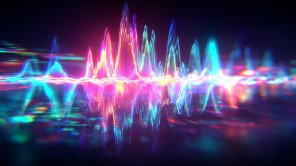 Dynamic audio waveform reflected on a smooth surface, illustrating sound analysis and the translation of voice and music into measurable digital frequency data.
