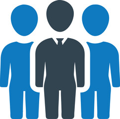 Team shows leader in center wearing suit flanked by two people in blue