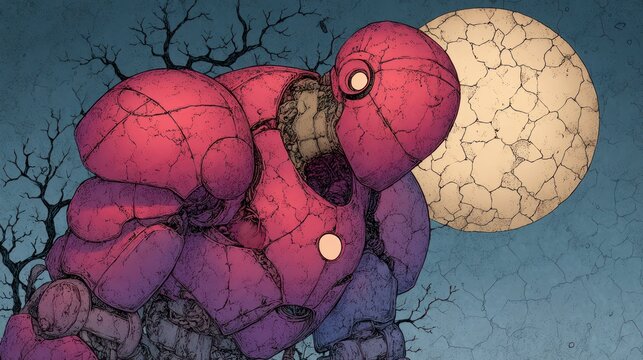 Giant mechanical figure at night with a full moon and barren trees