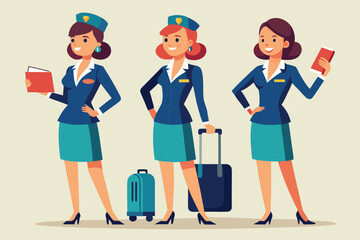 Three confident stewardesses with luggage stand showcasing their uniforms against a clean background