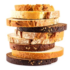 Stack of various sliced bread pieces on a clean white background