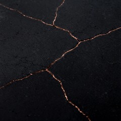 Obraz premium A dramatic black texture enhanced with elegant copper cracks. This Kintsugi-inspired abstract background embodies modern luxury and the profound beauty found in imperfection and restoration.