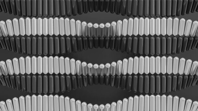 3D abstract background with pairs of black and white capsules placed in structured rows, rotating in a smooth wave motion on a dark surface, perfect for elegant minimal motion design and visual