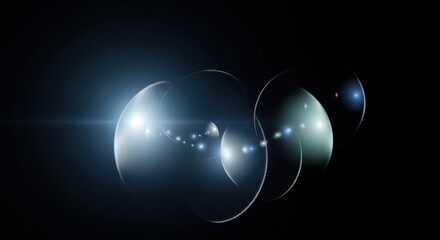 Cool ice-blue, silver, and pale turquoise lens reflections on black background, subtle light diffusion, glass-like transparency, minimalist futuristic abstraction 