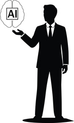 Silhouette of a businessman presenting a stylized brain with the letters ai inside symbolizing artificial intelligence concept