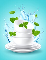 Stack of white dishware with water splash and fresh mint leaves