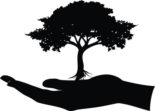 Silhouette of a tree growing from a hand a vector illustration representing environmental protection and sustainability isolated on white - Powered by Adobe
