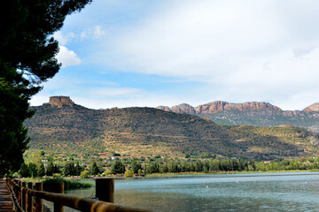 Lake and mountains view in Sant Lloren&ccedil; de Montgai, Lleida, Spain. Cloudy day, peaceful place, beautiful pond.