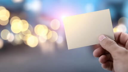 Obraz premium Hand holding a blank card against a colorful bokeh background in soft light