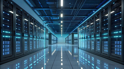 Vast Data Hall Wide Angle View of Futuristic Server Racks with Reflective Floor and Blue Ambient Lighting The Digital Core Symmetrical Corridor in a Large Scale Cloud Computing and Storage Facility