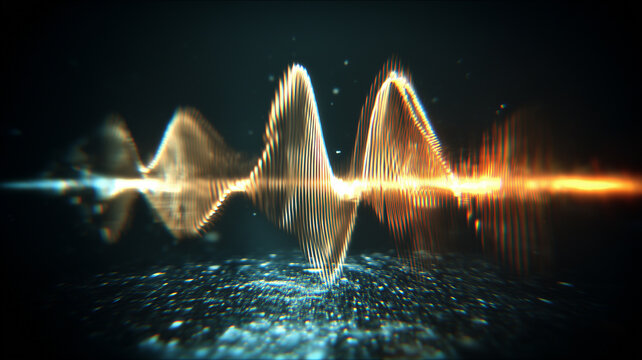 Dynamic audio waveform rising across a reflective surface, illustrating sound analysis and signal processing, representing voice intelligence, music production