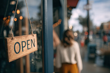 Small business owner behind vintage OPEN sign in storefront window, warm bokeh lights, local shop welcome, Small Business Saturday concept, copy-friendly