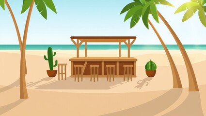 Obraz premium Beachside market bar with wooden counters under tropical shade