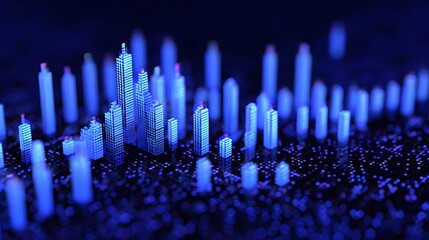 A futuristic cityscape in glowing blue hues, showcasing tall buildings and intricate details against a dark background.